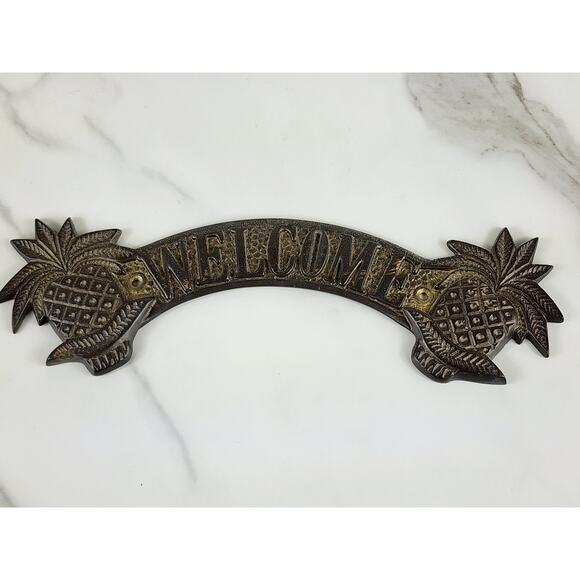 Brass Welcome Door Sign Pineapple Design 9 1/2" Entry Plaque 90s Home Decor - Picture 11 of 13